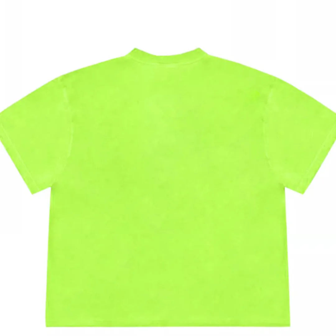 Loose fit blueberry patchwork t-shirt in ice oxygen cotton, showing short sleeves and round neck.