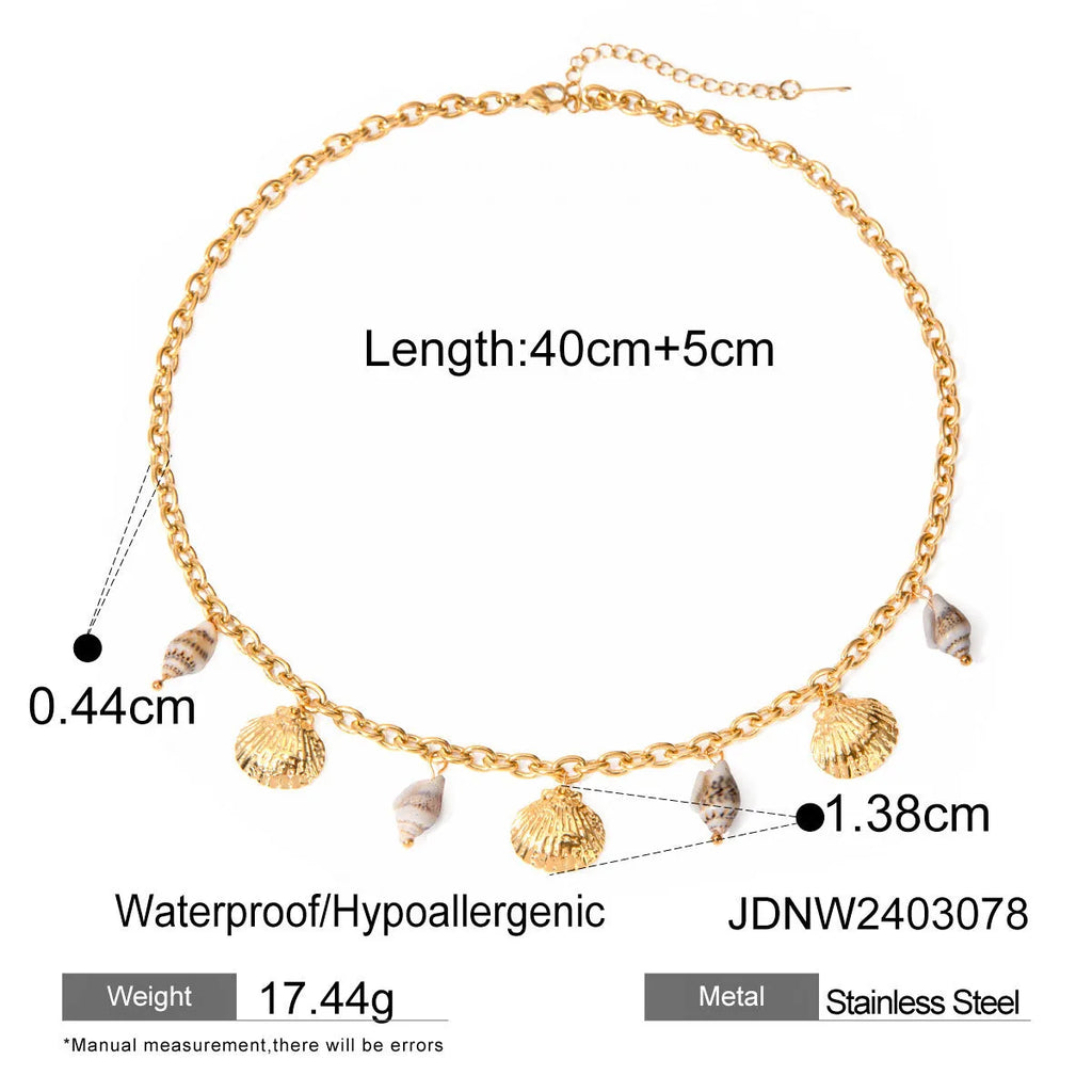 Titanium steel pearl necklace with geometric shell pendant on adjustable chain