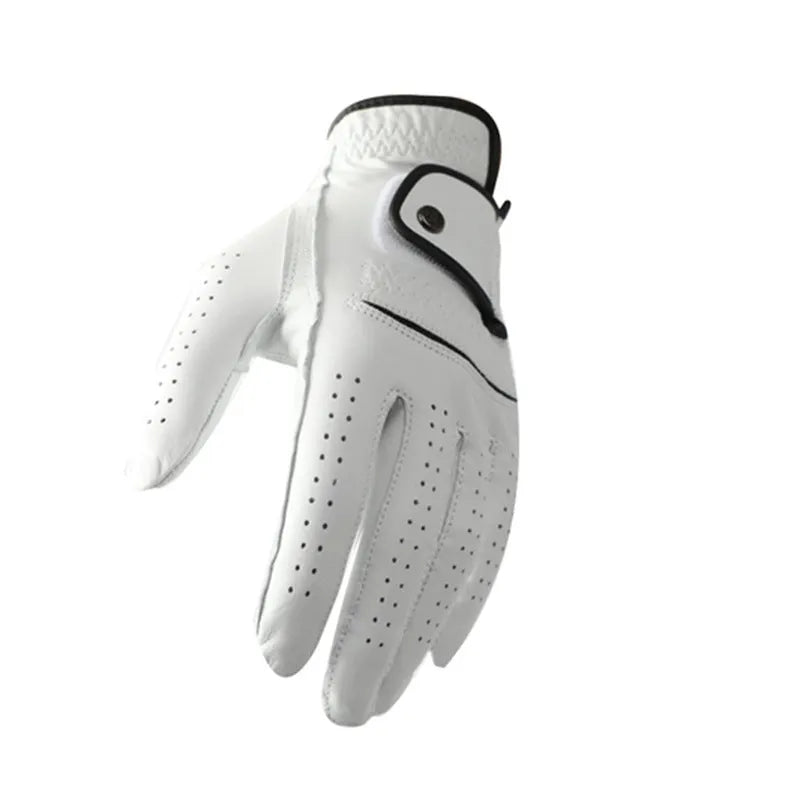 White half sheepskin men's golf gloves showing non-slip palm texture