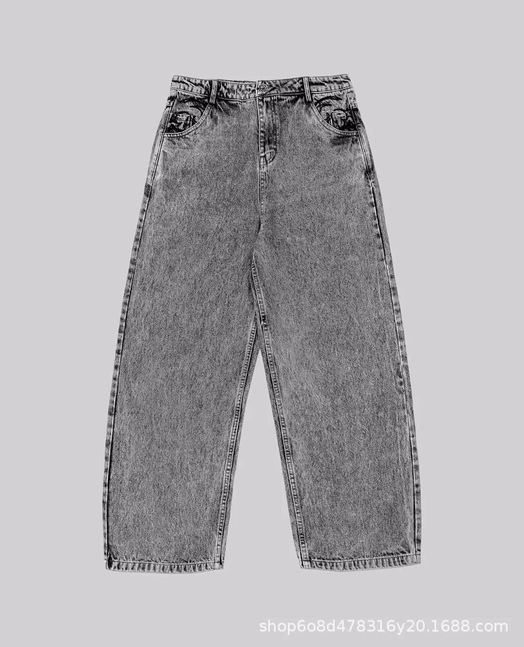Grey loose straight-leg cotton denim trousers on a hanger, showing mid waist and straight leg cut.