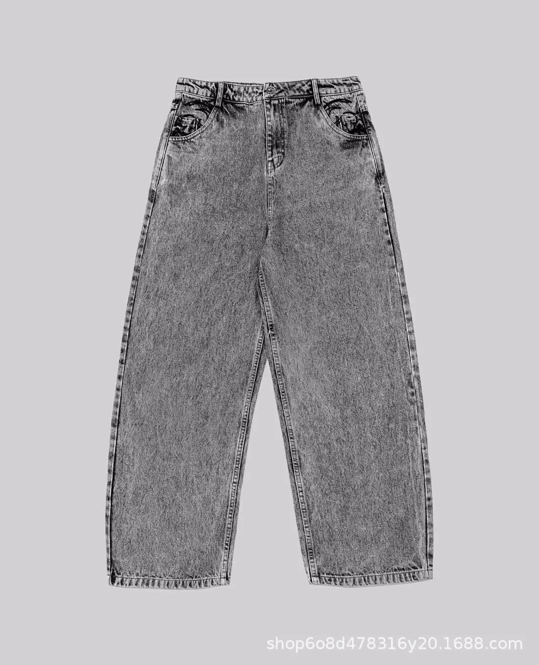 Grey loose straight-leg cotton denim trousers on a hanger, showing mid waist and straight leg cut.