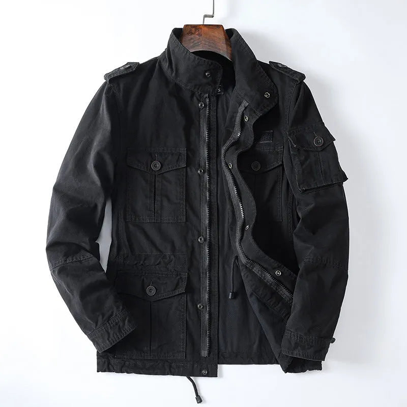 Men's loose fit cotton twill jacket in light army green, shown with zip-up front.