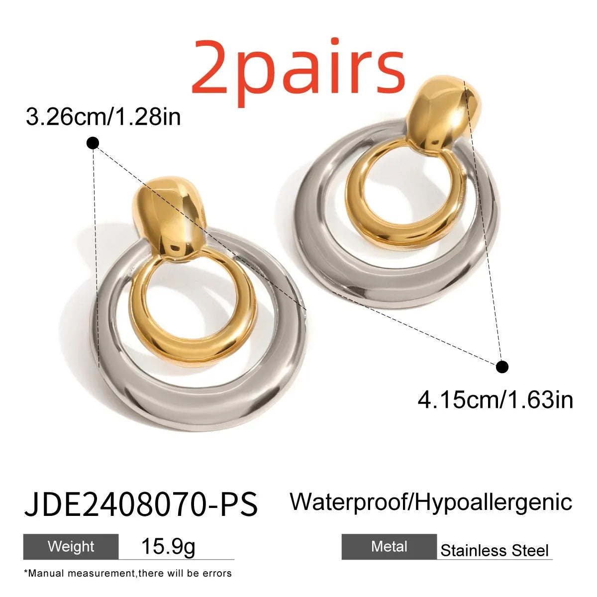Golden round double layer hollow stud earrings with geometric design on titanium steel