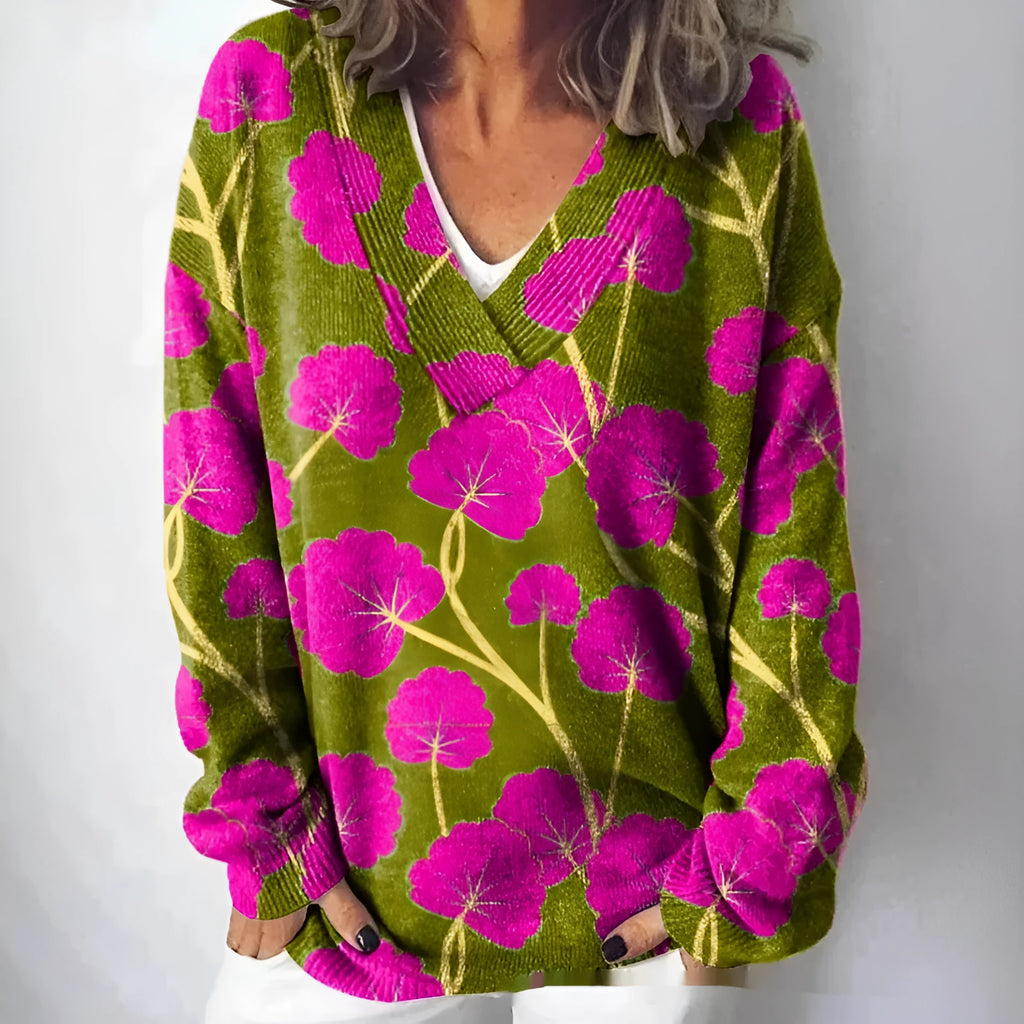 Women's V-neck long sleeve sweatshirt with a 3D printed floral pattern in a retro art style
