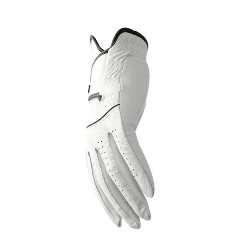 White half sheepskin men's golf gloves showing non-slip palm texture