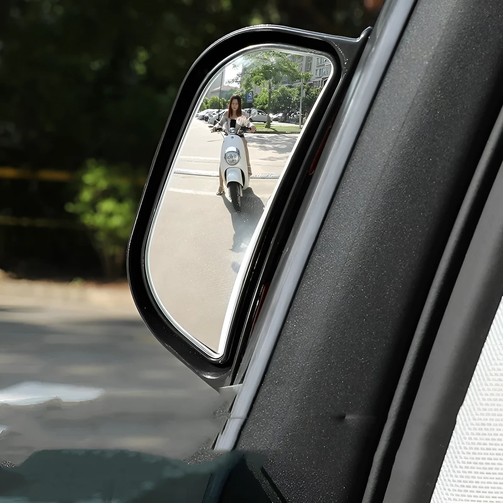 Universal black and white wide angle car wing mirror accessory with ABS housing.