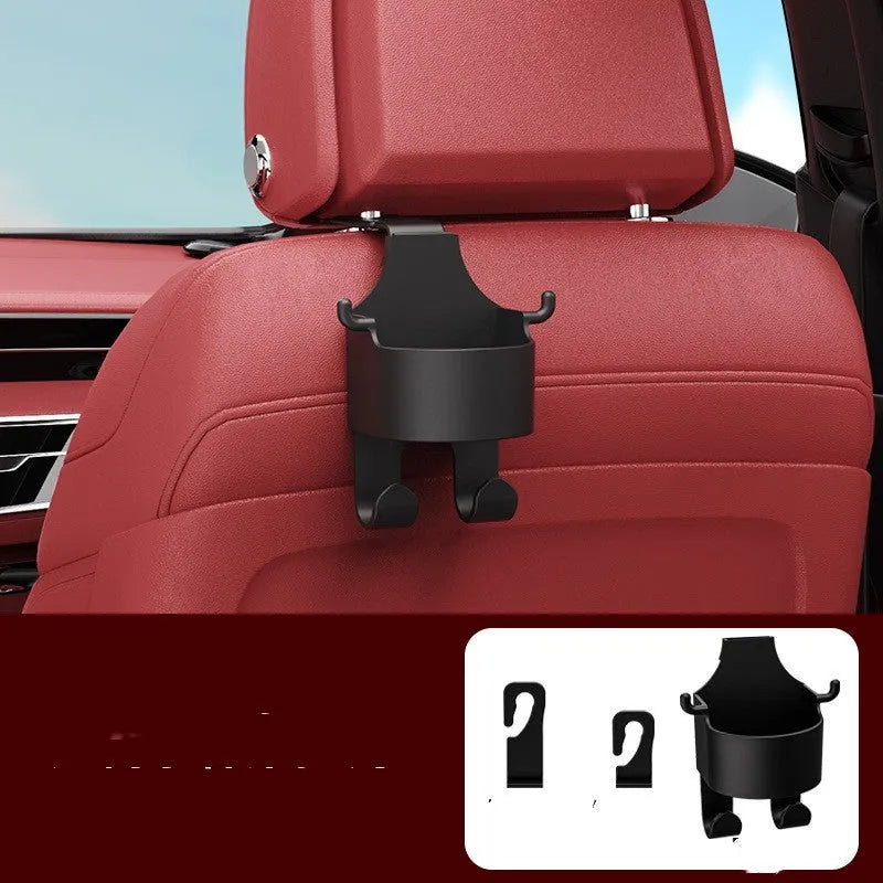 Black plastic car seat back organiser with cup holder and hook