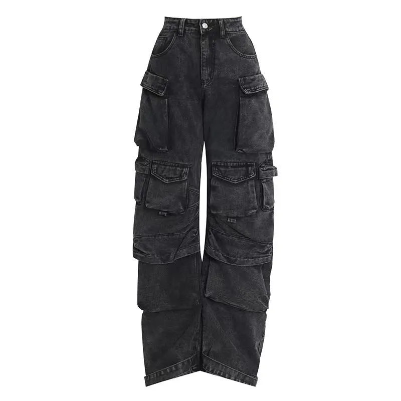Women's high-waist wide-leg denim jeans with multiple pockets in tie-dyed blue street hipster style