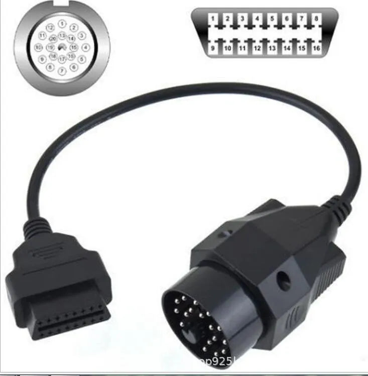 BMW OBD2 diagnostic adapter cable showing 20-pin male and 16-pin female connectors