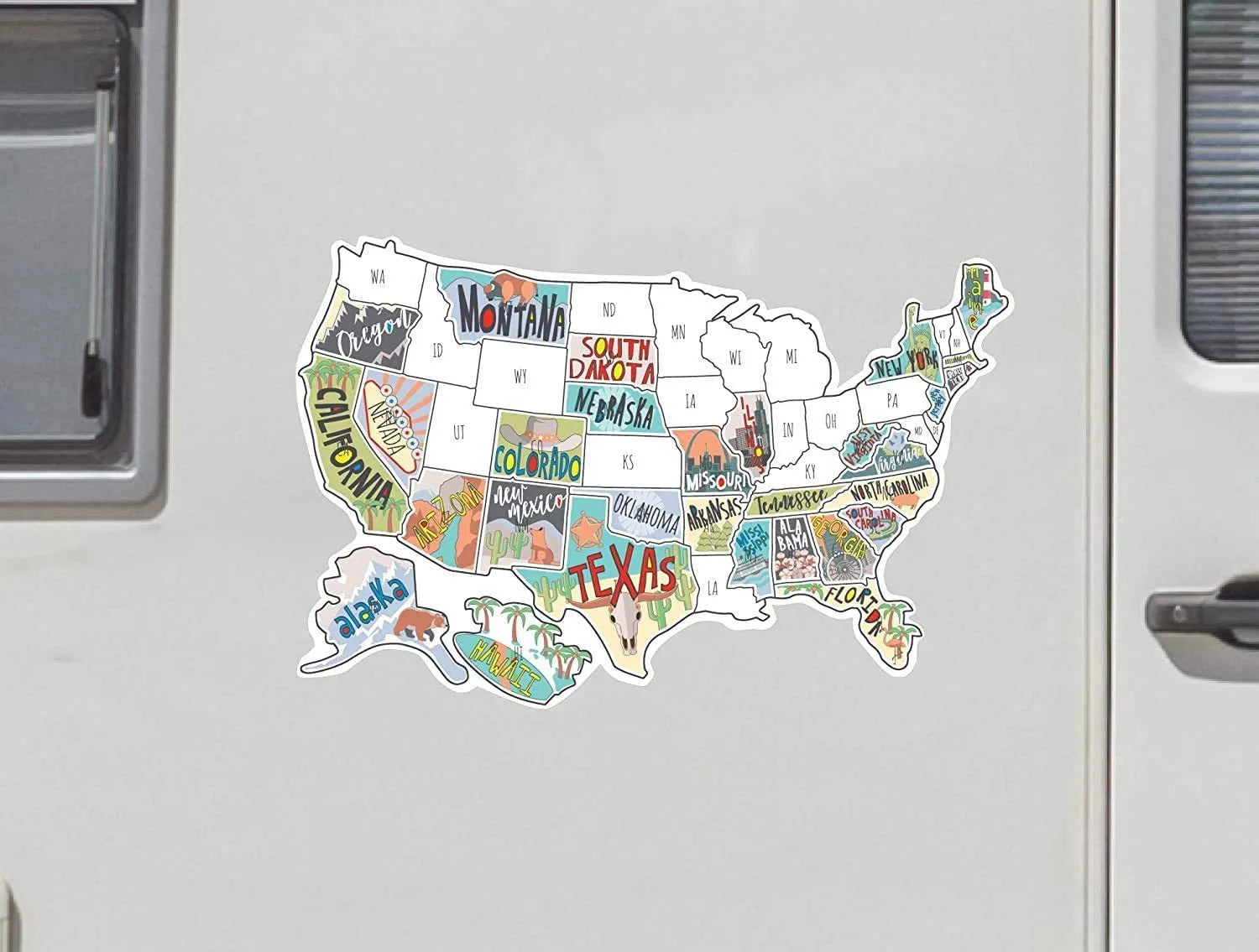 Travel-themed car body sticker set showing map designs and lettering for vehicle decoration