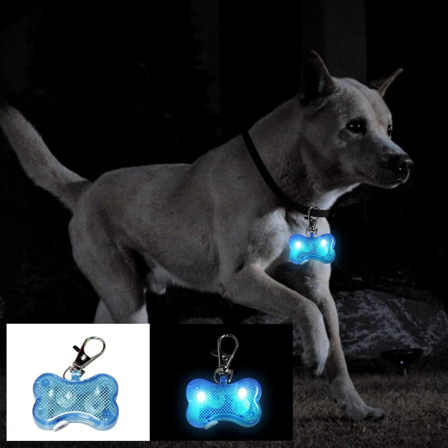 Plastic bone-shaped LED pendant for pet collars in multiple colours with three light modes
