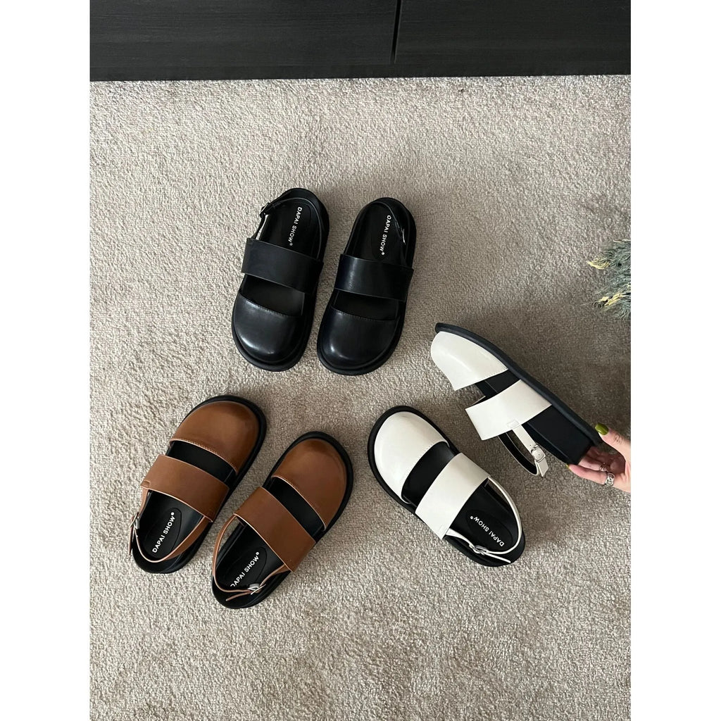 Women's retro Korean style sandals with closed toe, ankle strap buckle, in apricot colour.