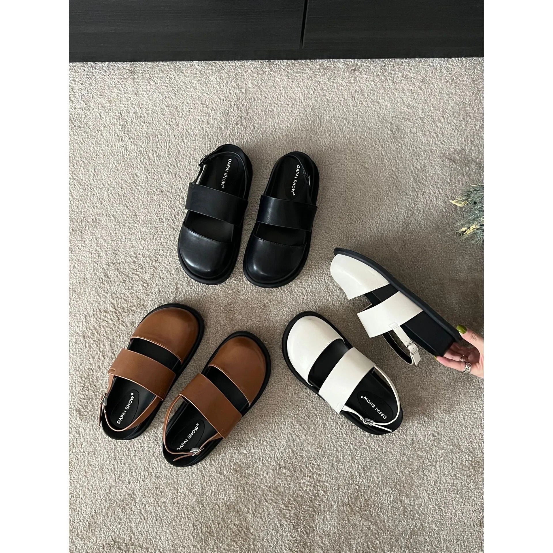 Women's retro Korean style sandals with closed toe, ankle strap buckle, in apricot colour.