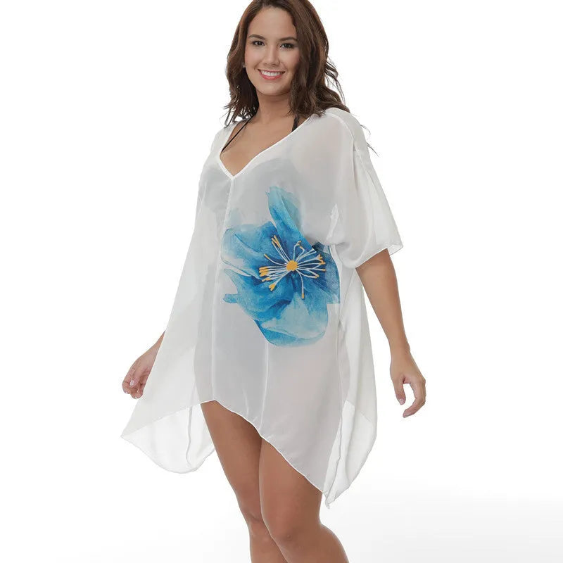 White plus size beach cover-up blouse for swimming and sun protection with loose free-size fit