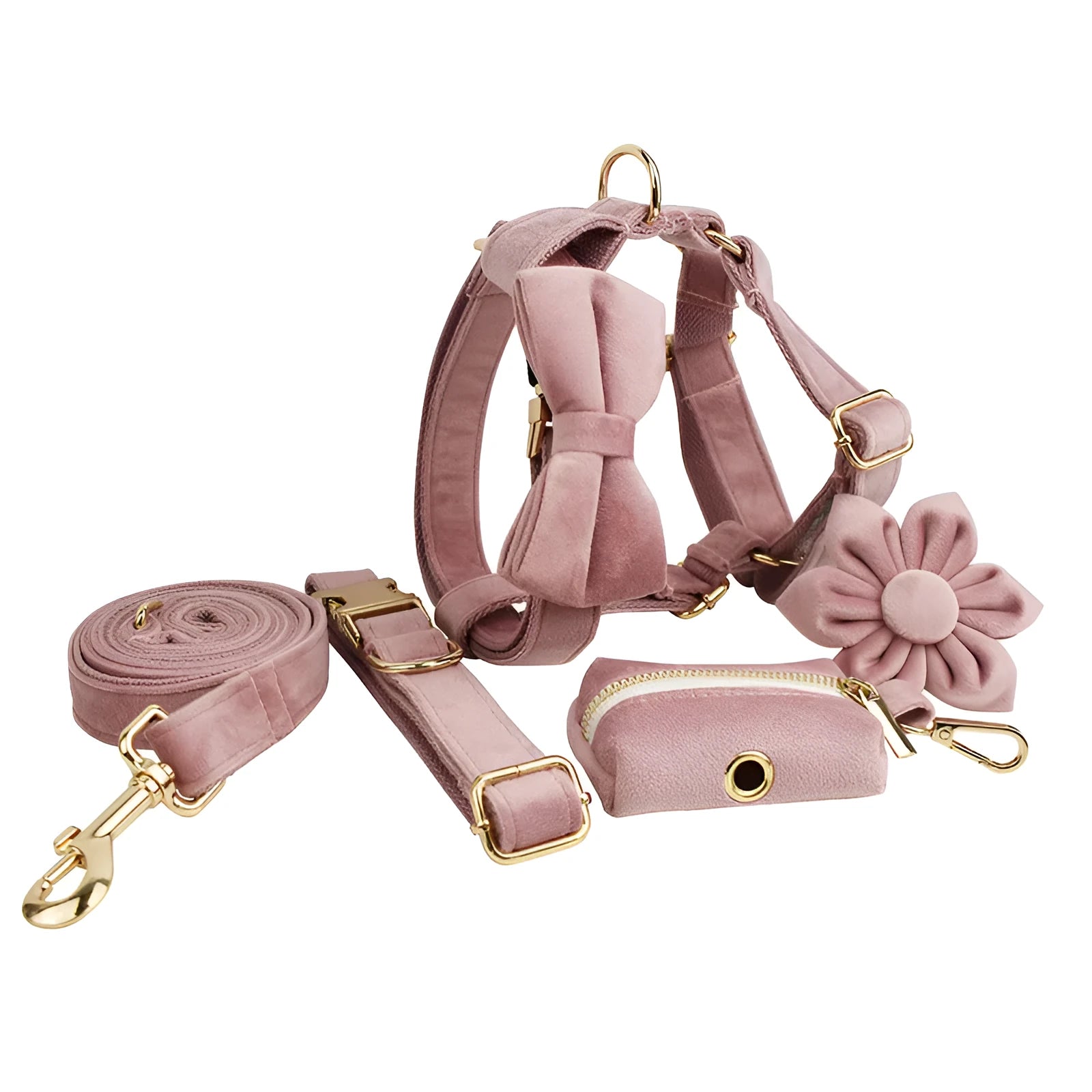 Light purple cloth dog collar set with matching leash, decorative bow, and dog vest