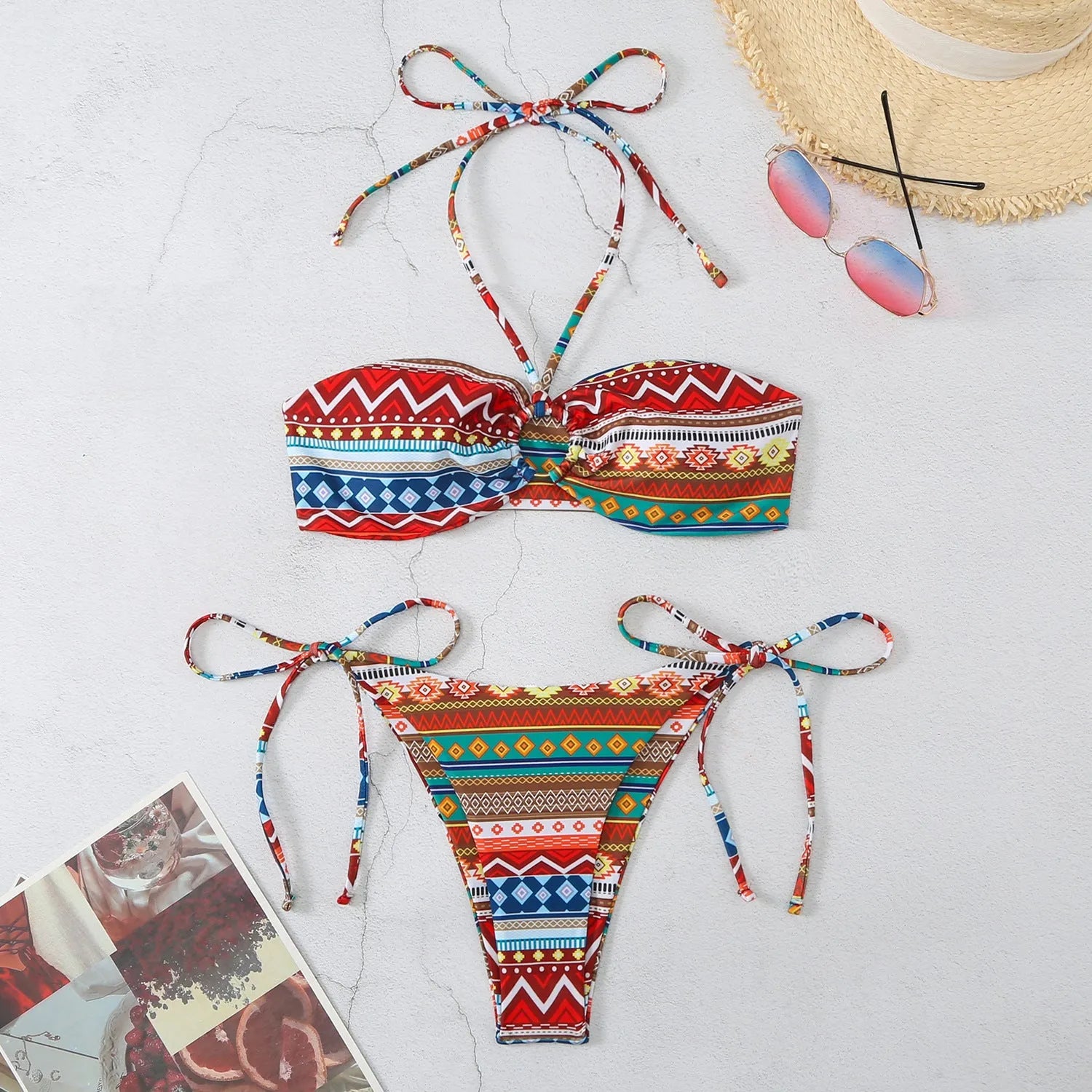 Women's halter-neck bikini swimsuit with brief bottoms in polyester fabric