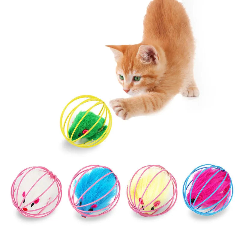 Soft plush cage mouse cat toy approximately 6cm diameter on light surface