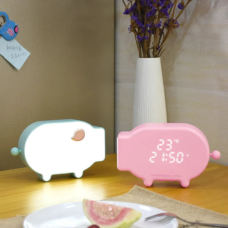 Blue multifunctional LED alarm clock showing time and temperature with USB charging port