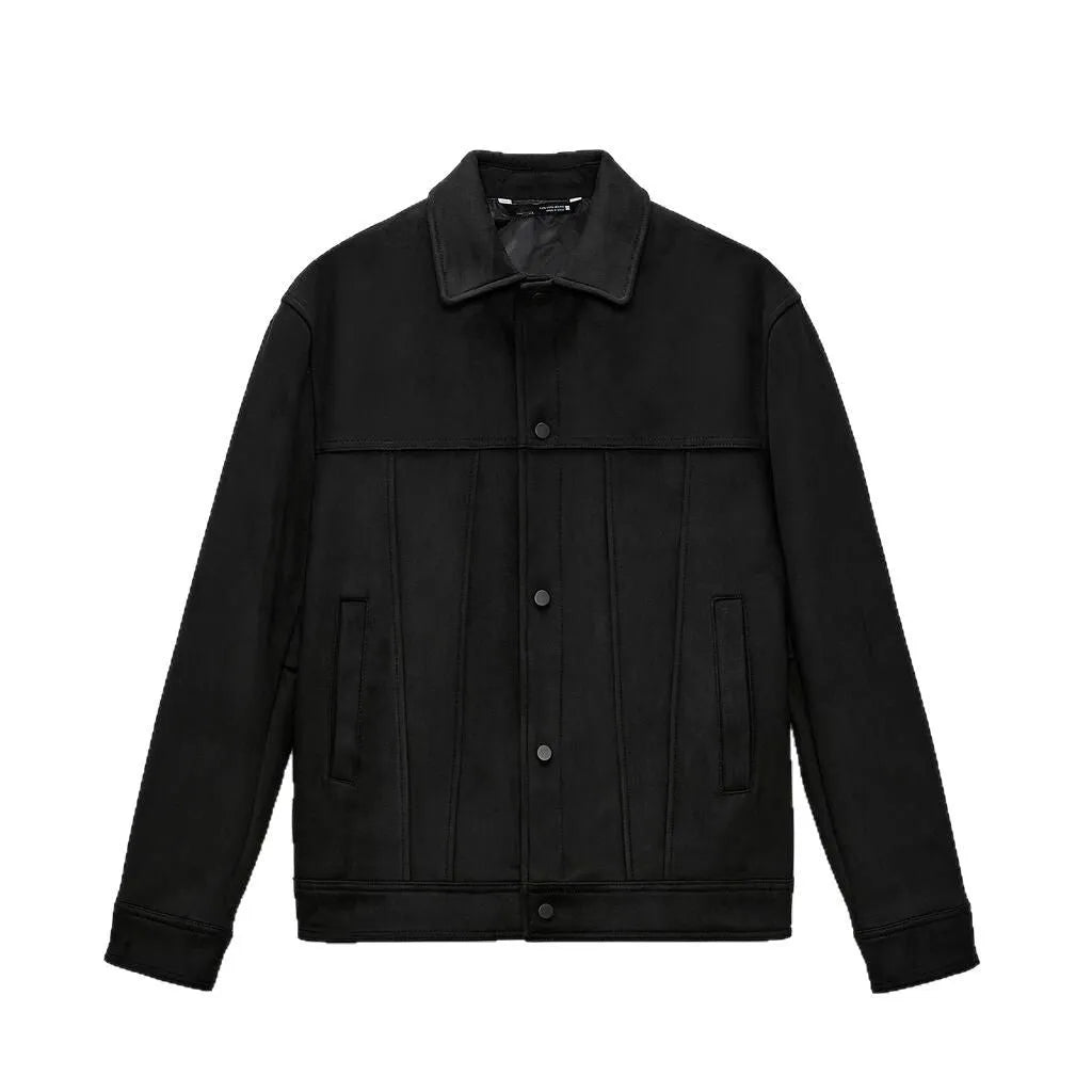 Black men's hooded jacket with suede collar, side pockets, and straight hem design