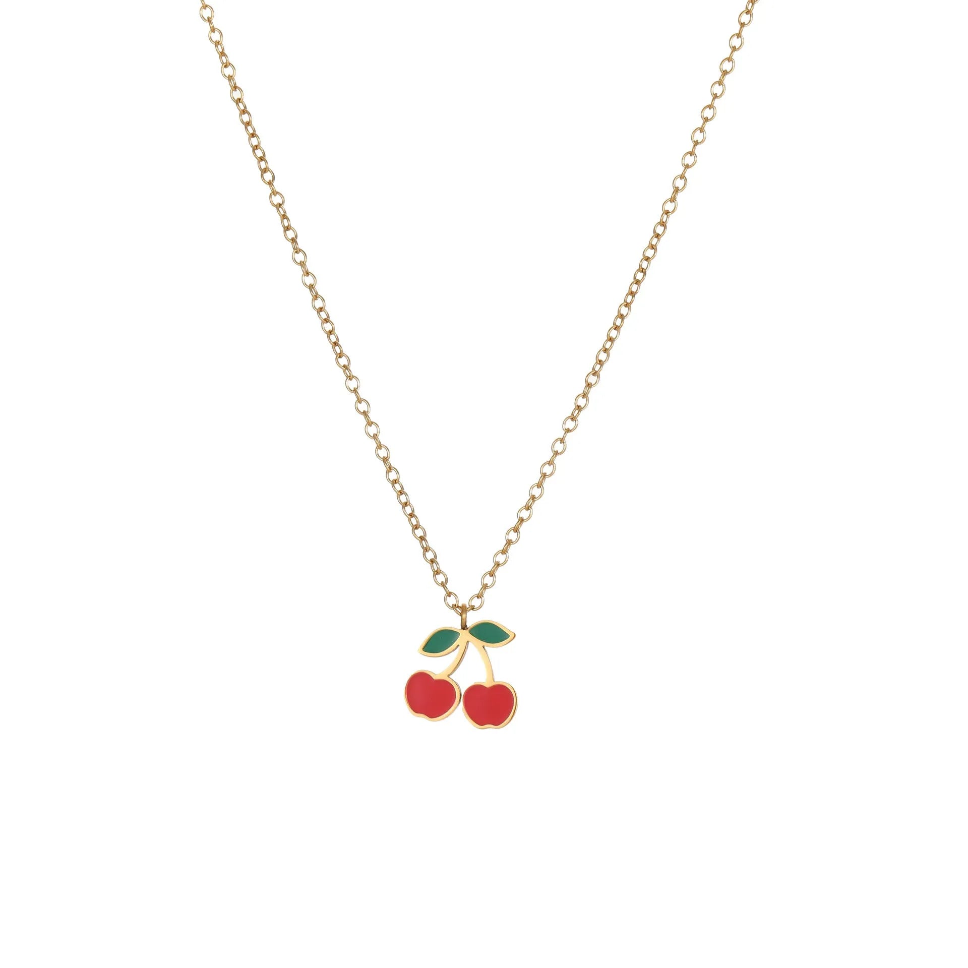 Cherry-themed jewellery set with necklace, bracelet, earrings and ring in stainless steel