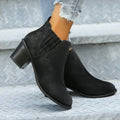 Women's black pointed toe ankle boots with thick square heel and slip-on design