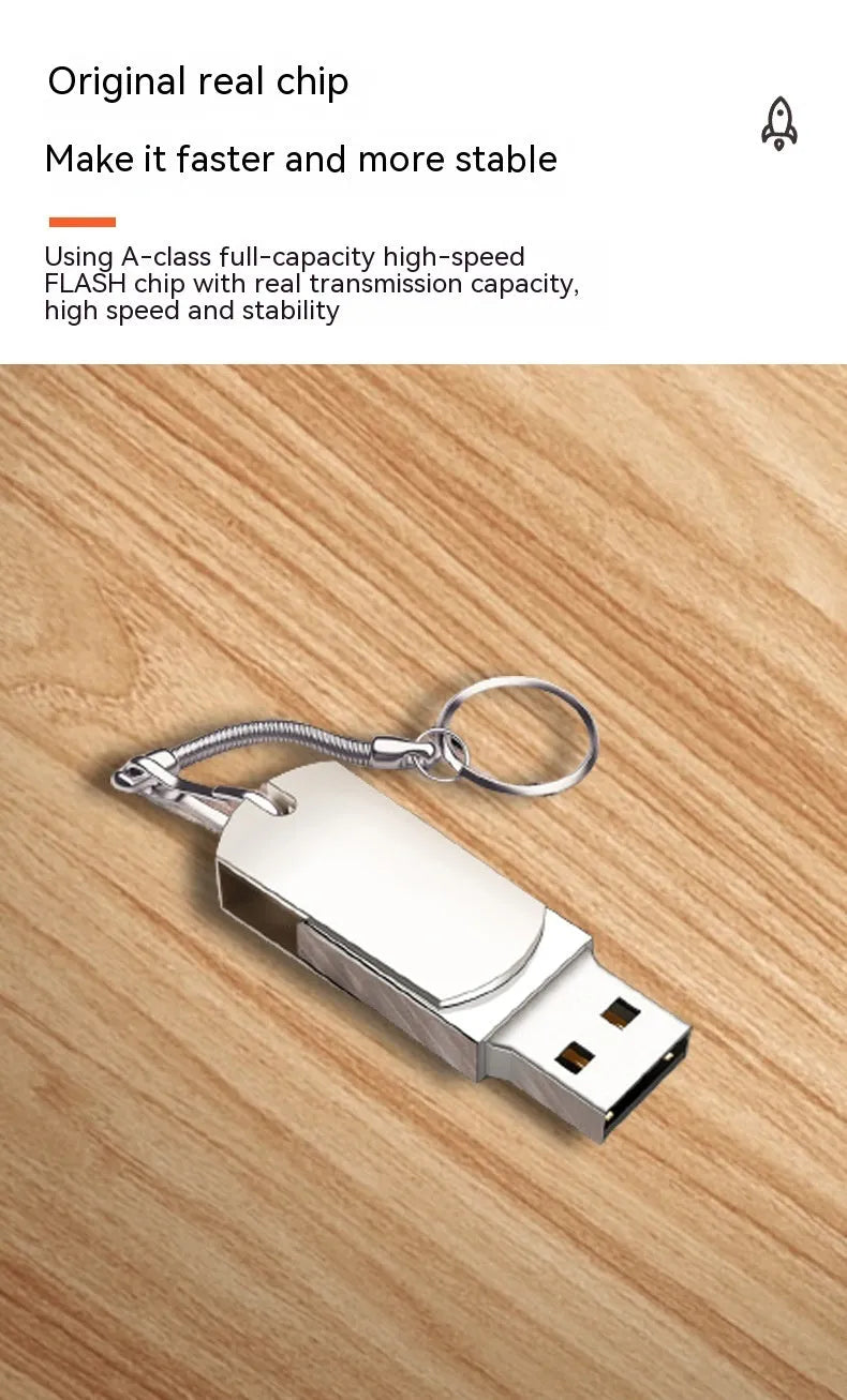 Small white metal USB flash drive with a rotating cap, showing front and side views.