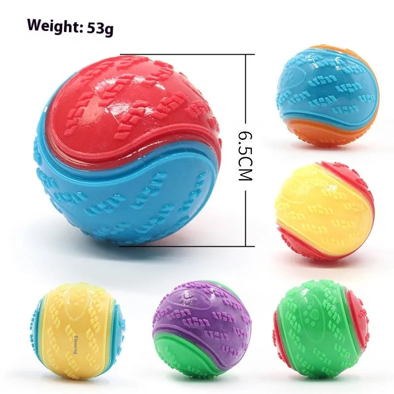 TPR rubber dog training ball in blue and orange colour combination measuring 6.5 cm across