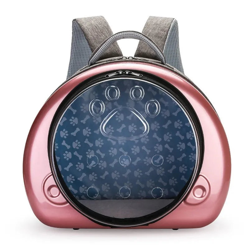 Transparent space capsule cat carrier backpack in PC canvas with metallic hard shell cover.