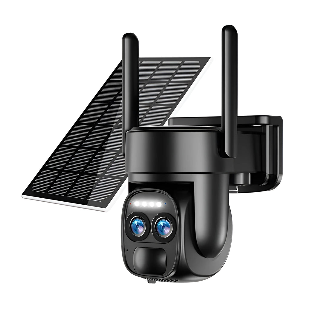 Solar-powered surveillance camera with 8x zoom lens and full colour night vision capability
