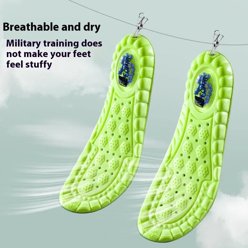 Green PU air cushion sports insoles for shock absorption, showing size scale.
