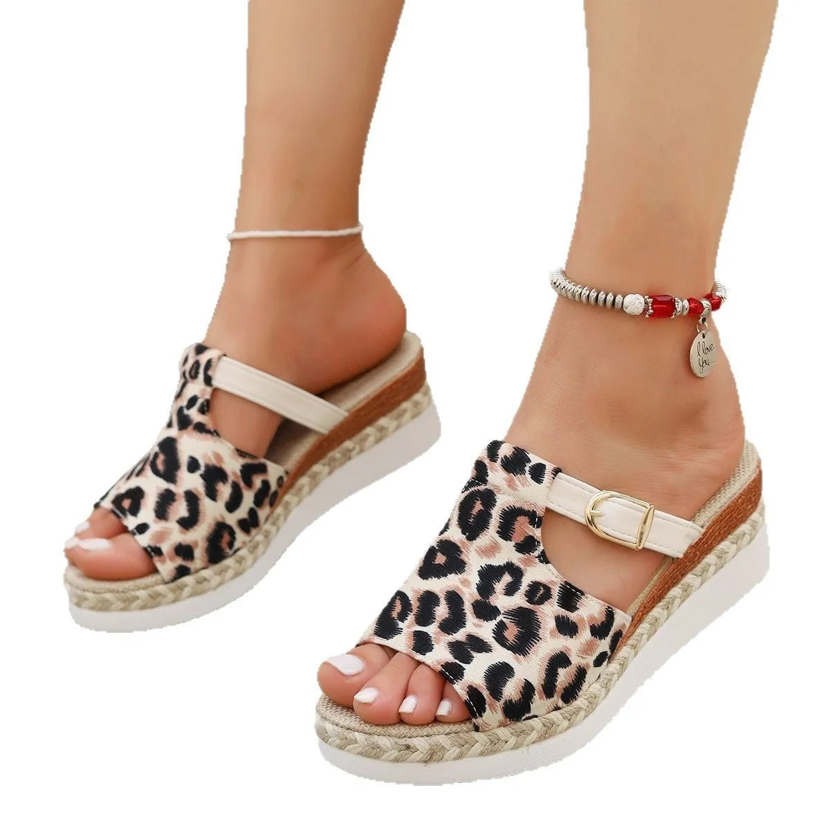 Leopard print wedge platform sandals with adjustable buckle strap in light green colour