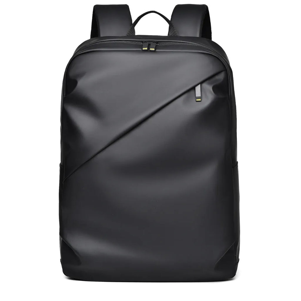 Men's waterproof PU backpack in black with simple sewing thread design and separate computer compartment.