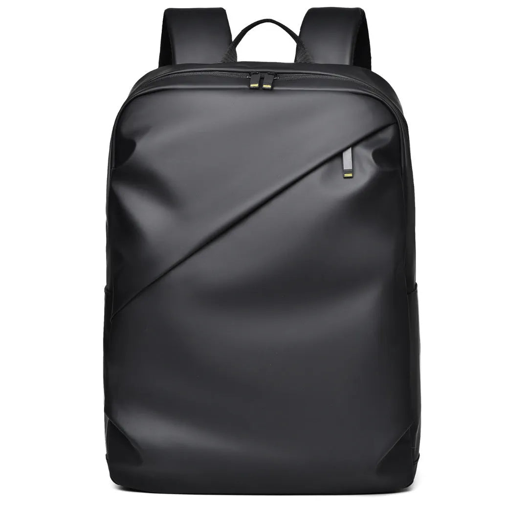 Men's waterproof PU backpack in black with simple sewing thread design and separate computer compartment.