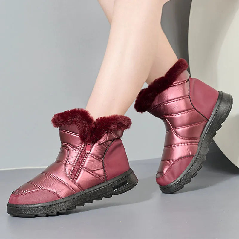 Women's fur winter snow boots with side zipper, high top, round toe, flat heel, available in black red silver