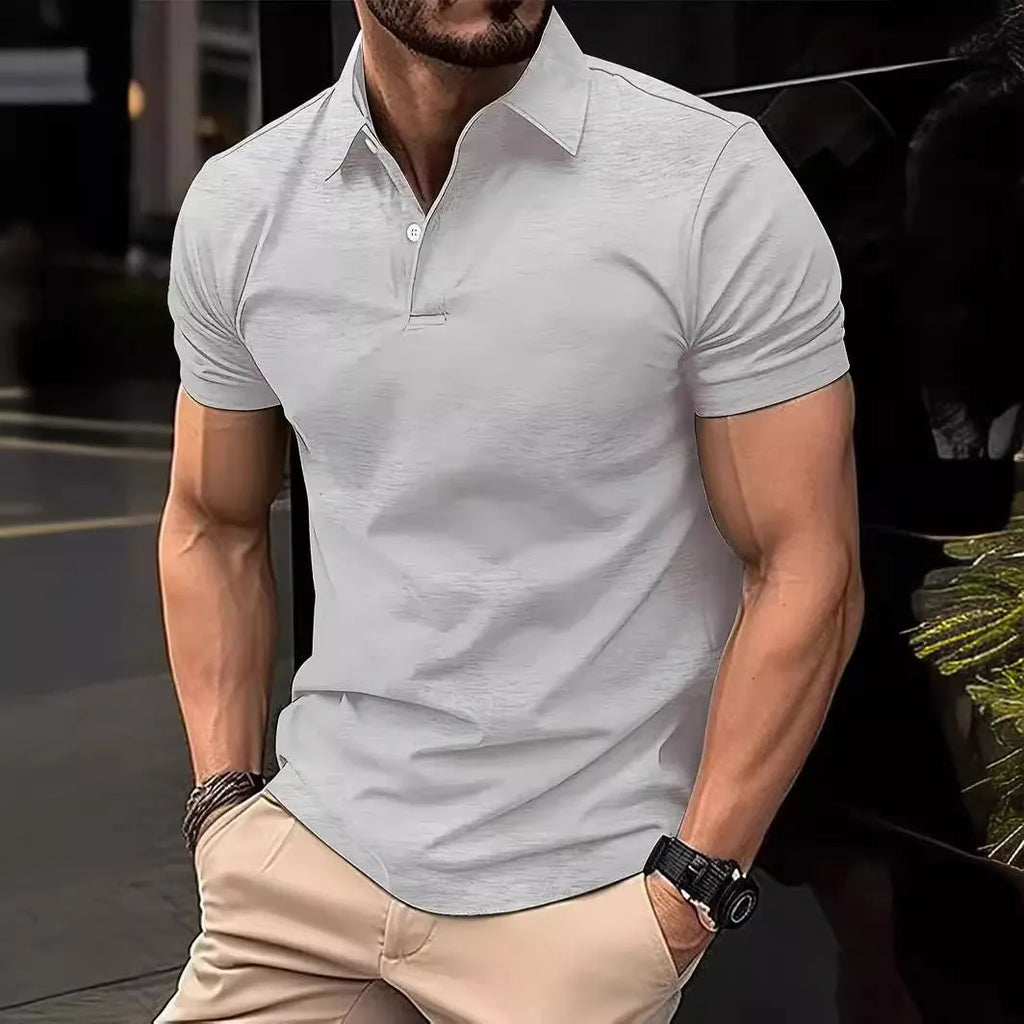Men's slim fit short sleeve button shirt in a solid colour on a hanger.