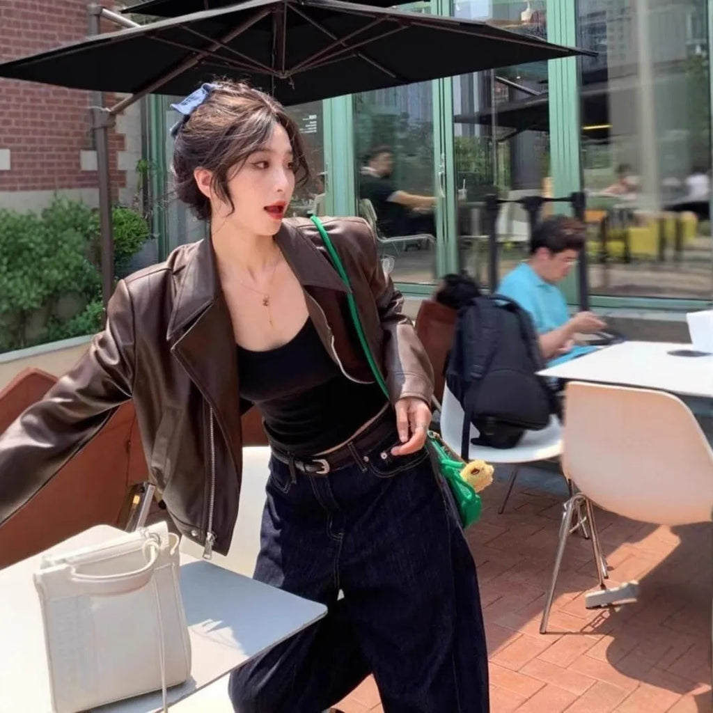 Women's brown imitation leather coat jacket with slim fit and 40cm length