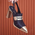 Korean style women's high-heel sandals with chunky heel, pointed toe, and an elasticated high-cut ankle strap.
