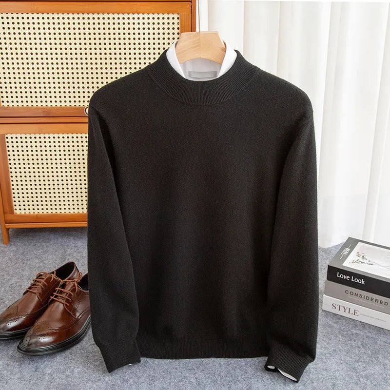 Men's loose fit half-turtleneck wool sweater in a rough yarn knit, shown in a range of colours.