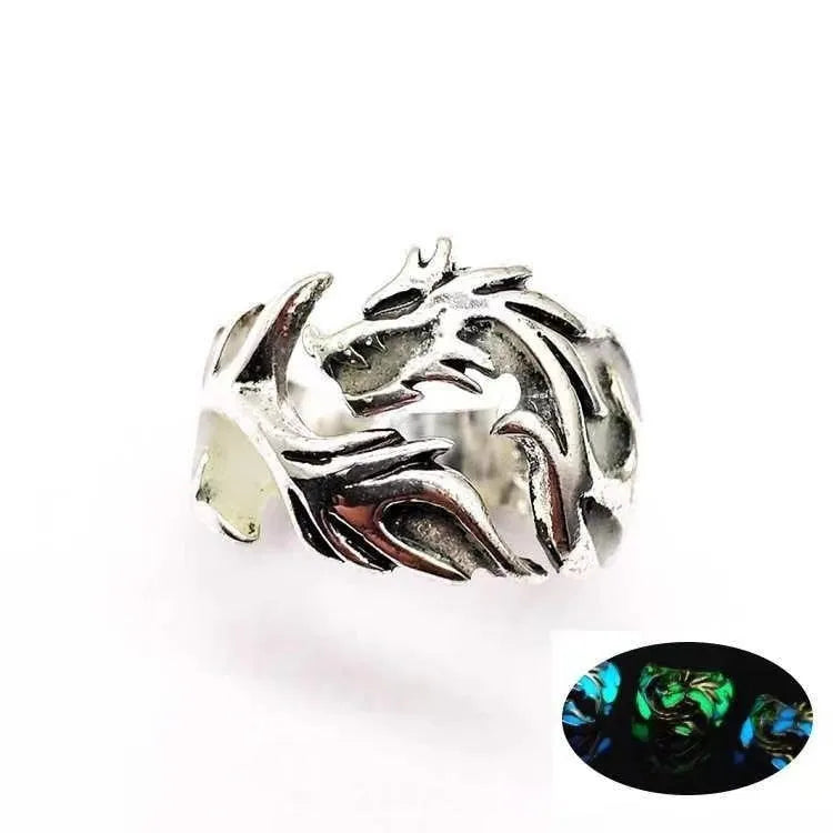 Adjustable metal ring with Chinese dragon pattern in electroplated silver blue and green colours