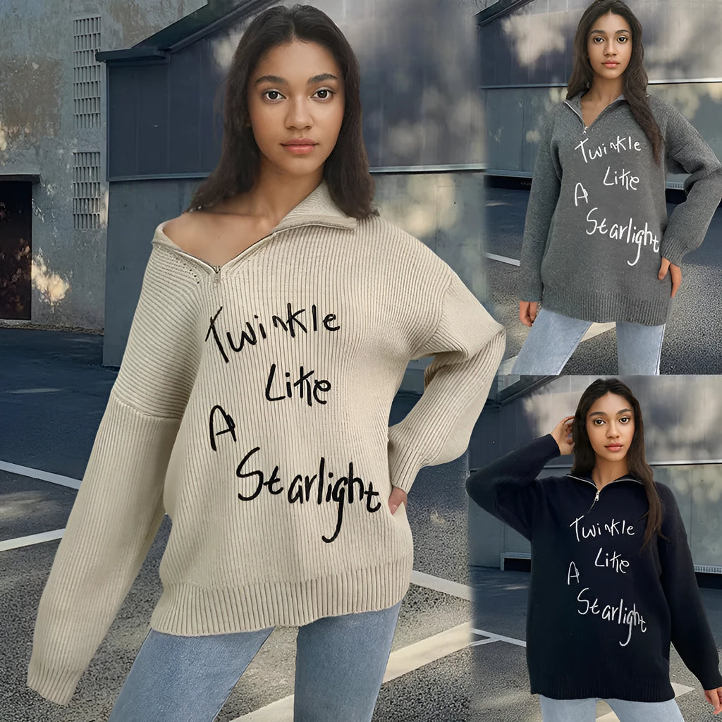 Women's loose lapel pullover sweater with asymmetric front zipper in alpaca wool fleece fabric