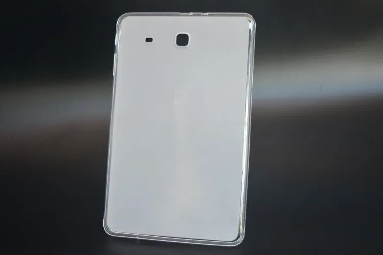 Clear transparent ultra-thin silicone hard shell case for a tablet on a flat surface.