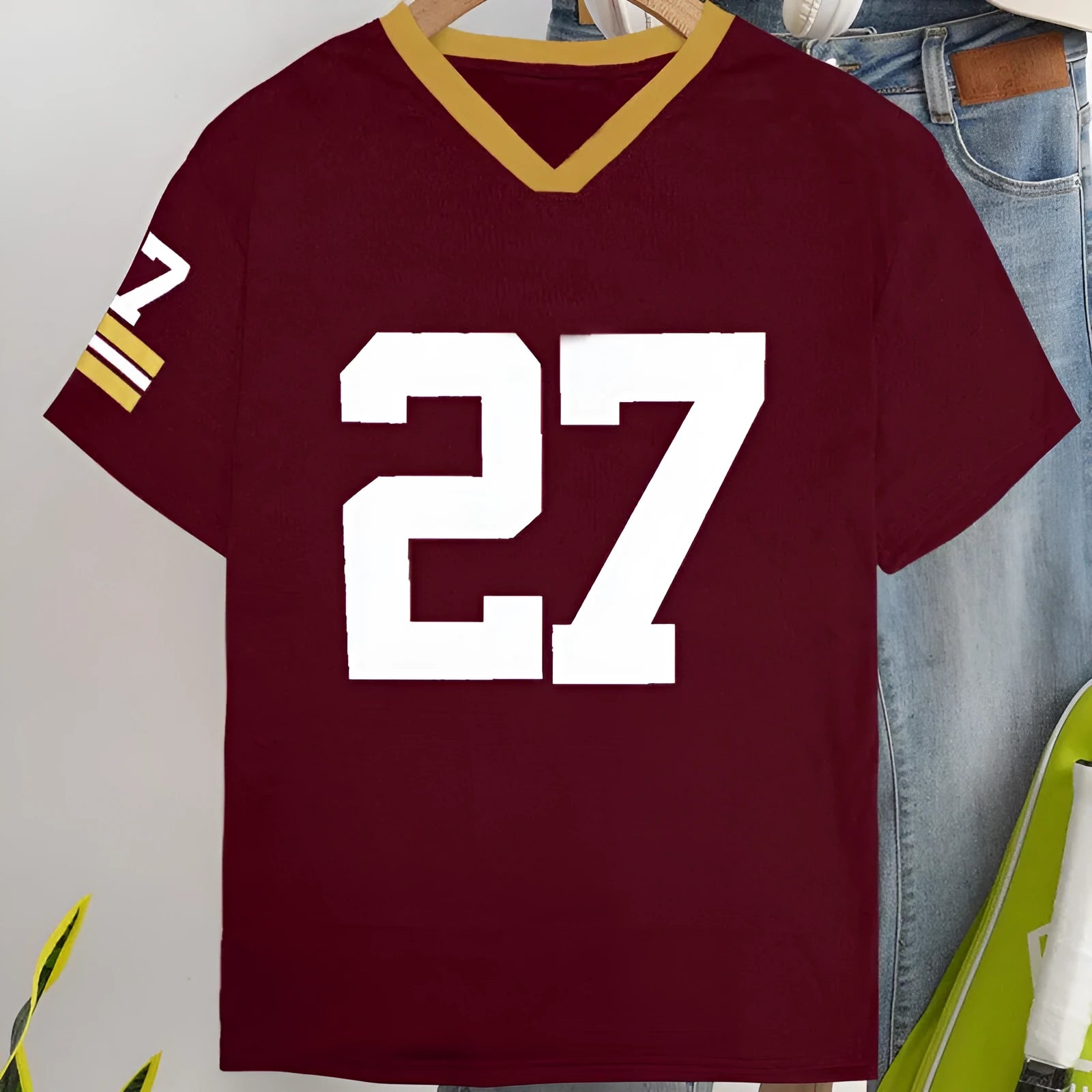 Men's loose fit green cotton t-shirt with a white digital letters print on the front.