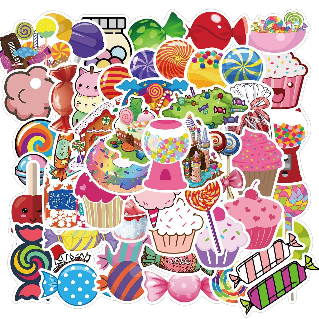 Candy series colourful graffiti cartoon stickers pack with 50 adhesive sheets in 4-6cm sizes