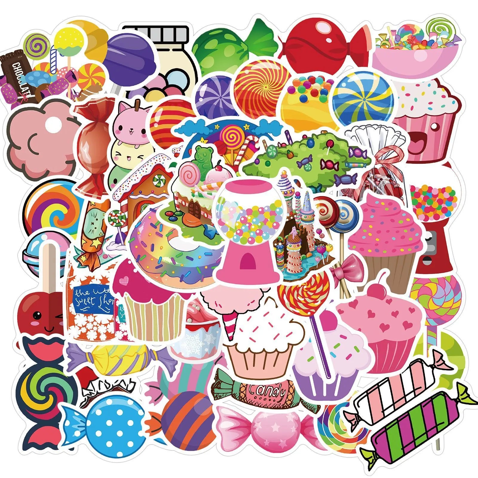 Candy series colourful graffiti cartoon stickers pack with 50 adhesive sheets in 4-6cm sizes