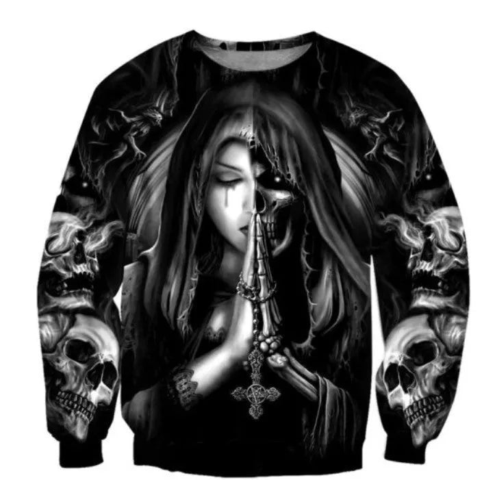 Black hooded sweatshirt with a large 3D white skull graphic in anime style on the front.