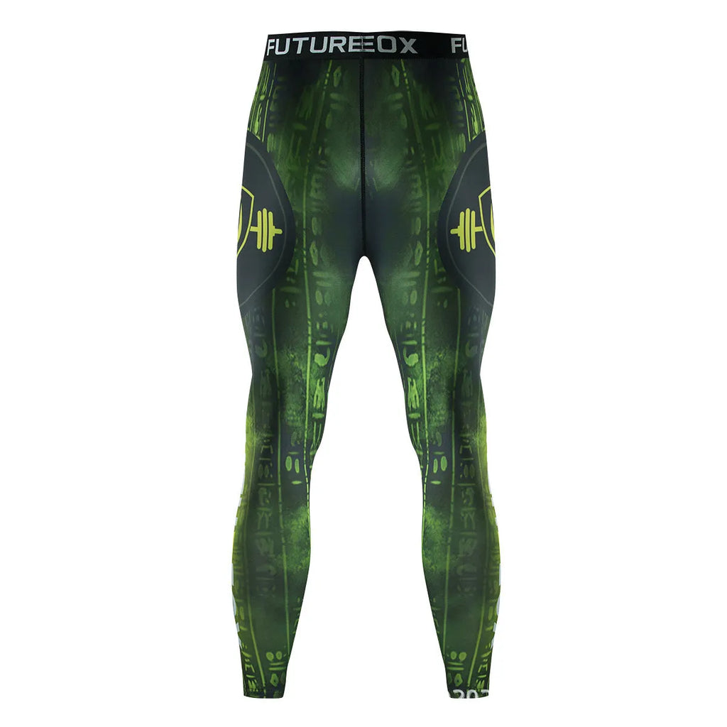 Men's slim-fit stretch sports suit set in ZF016 print design, includes long-sleeve top and trousers.
