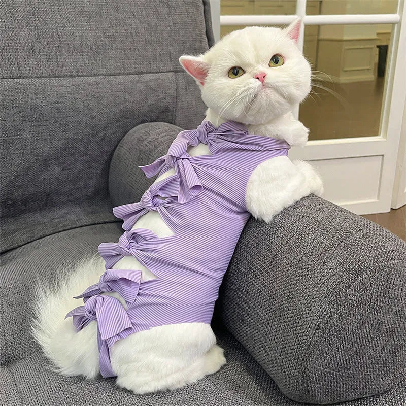 Lace-up cat sterilisation recovery clothing in purple, showing the adjustable fastening and full-body design.