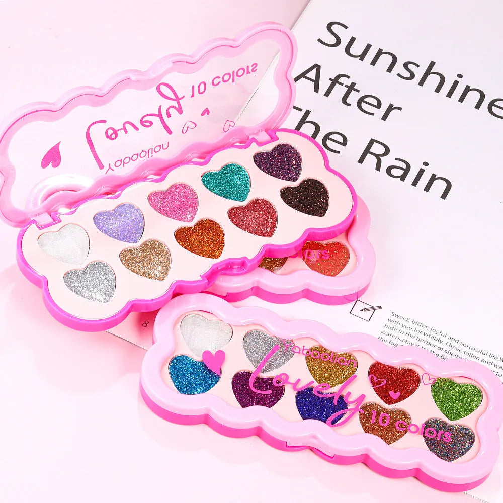 Pearlescent Heart ten-colour sequin eye shadow palette open showing shimmering shades