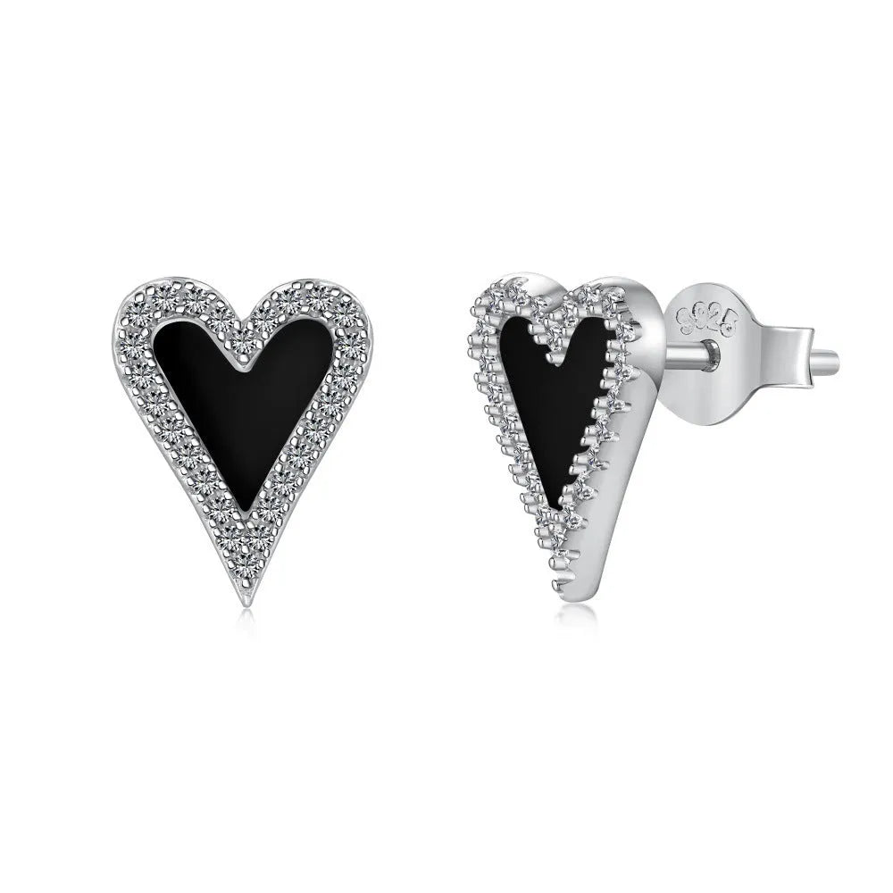 925 silver black agate heart-shaped stud earrings cold wind style on white background