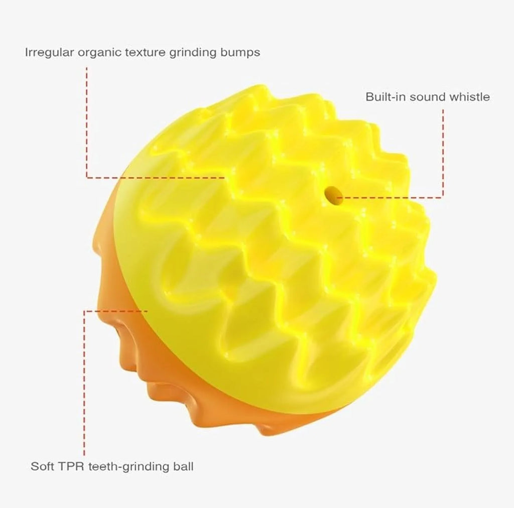 Blue and orange rubber dog ball with spiky texture for dental cleaning and a squeaker inside.